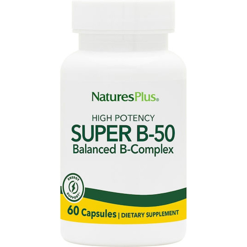 Nature's Plus Super B-50 Βιταμίνη για Ενέργεια, Ενίσχυση του Ανοσοποιητικού & το Νευρικό Σύστημα 50mg 60 φυτικές κάψουλες