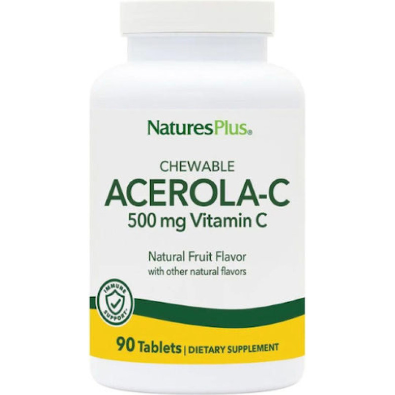 Nature's Plus Acerola-c Βιταμίνη για Ενίσχυση του Ανοσοποιητικού, τo Δέρμα & Αντιοξειδωτική δράση 500mg 90 μασώμενες ταμπλέτες
