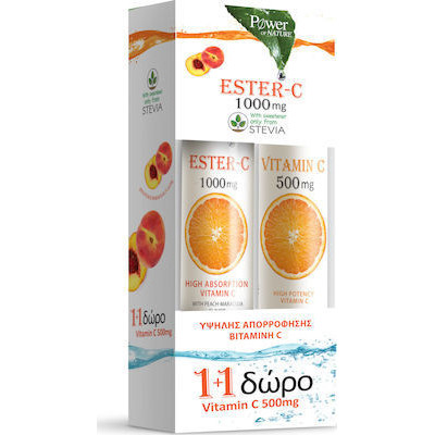 Power Of Nature Ester C 1000mg 20 αναβράζοντα δισκία & Vitamin C 500mg 20 αναβράζοντα δισκία Ροδάκινο Πορτοκάλι