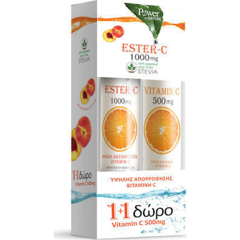 Power Of Nature Ester C 1000mg 20 αναβράζοντα δισκία & Vitamin C 500mg 20 αναβράζοντα δισκία Ροδάκινο Πορτοκάλι